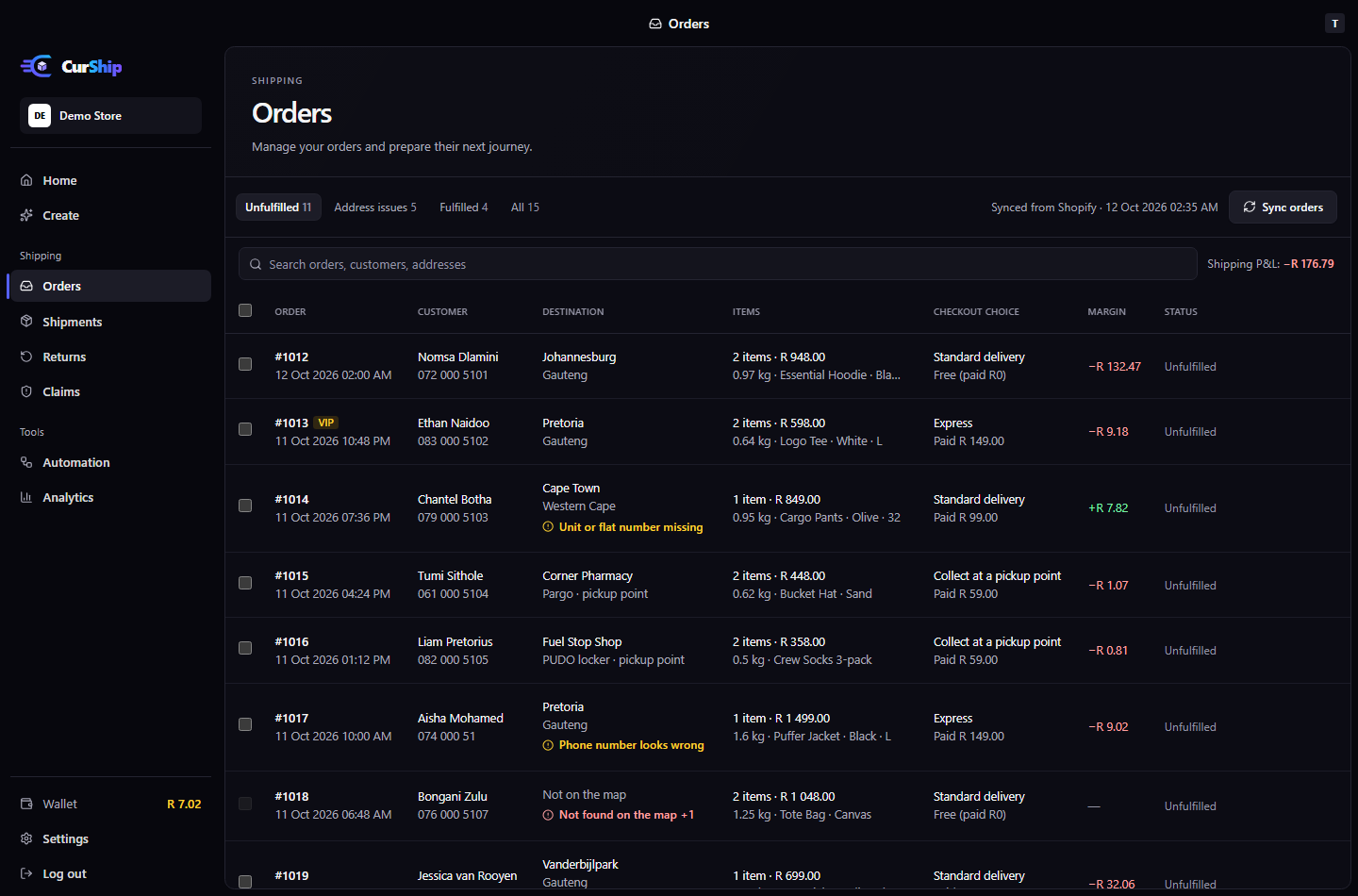 CurShip's orders workspace, with Shopify orders, delivery addresses, shipping options and fulfilment status.